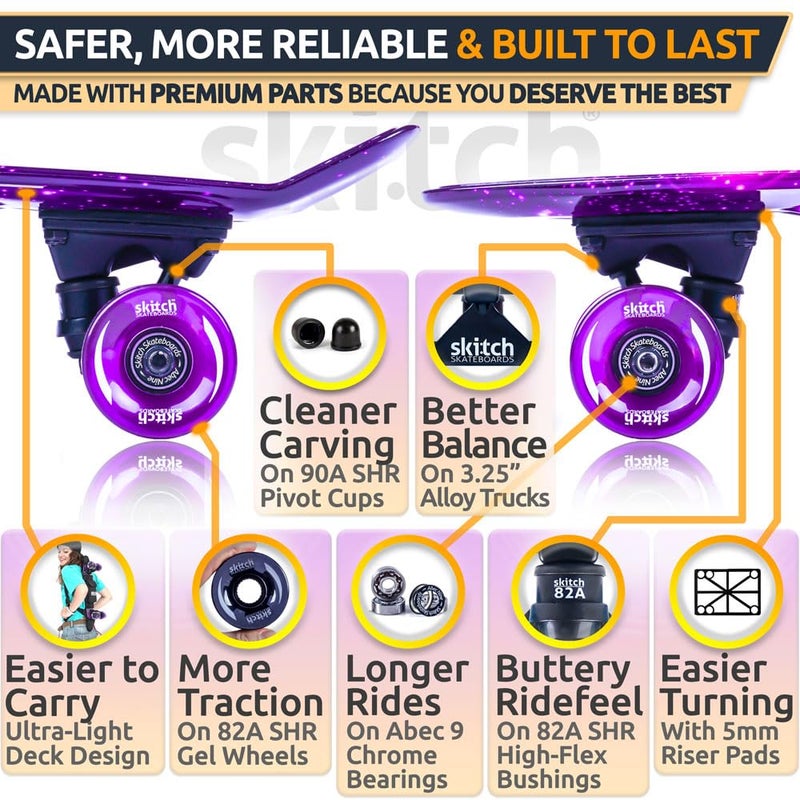 SKITCH Complete Skate Board for Kids 8-12 4-6-8-10 6-12 Year Old Beginner Girls Children Gift Set 22 Inch Penny Board Mini Cruiser Bearing Pink Skateboards Backpack Skate Tool (Purple Galaxy LED+) - Image 4